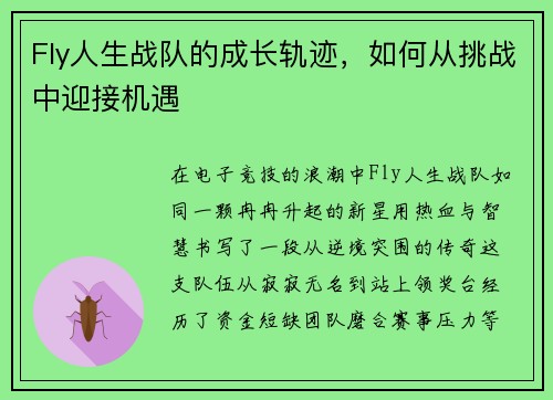 Fly人生战队的成长轨迹，如何从挑战中迎接机遇