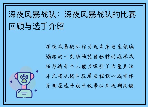 深夜风暴战队：深夜风暴战队的比赛回顾与选手介绍