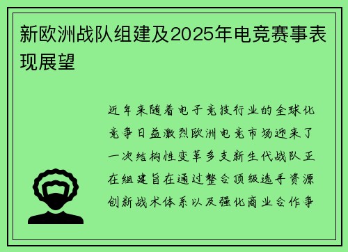 新欧洲战队组建及2025年电竞赛事表现展望