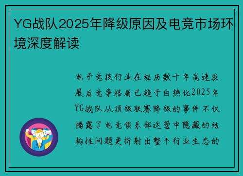 YG战队2025年降级原因及电竞市场环境深度解读